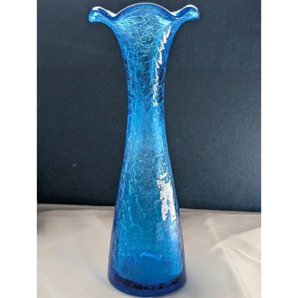 Mid Century Blue Crackle Glass Vase | Ruffled Tri Corner Blown Glass