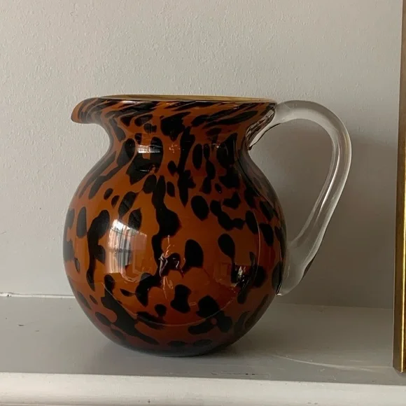 1998 Bombay Company Hand Blown Glass Tiger Pitcher Orange & Black 6.5