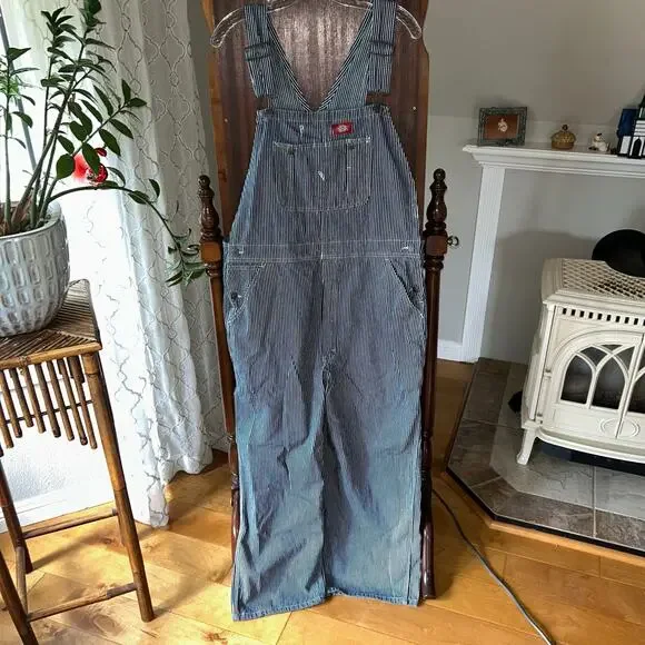 Y2K Men's DICKIES Railroad pin stripe Bib Overalls  38x30 white blue
