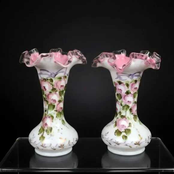 Pair of 1940s Fenton Charleton Peach Crest Hand Painted Ruffled 8