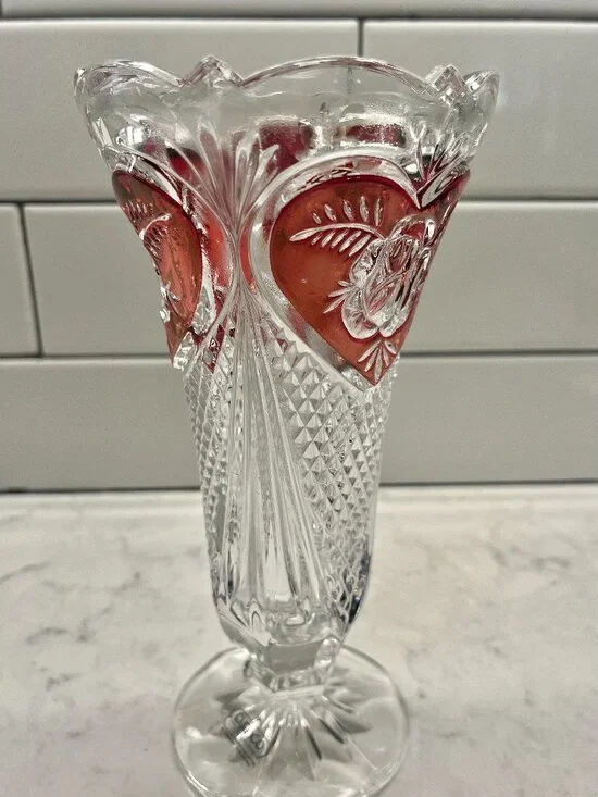 Vintage Enesco Lead Crystal Colored Heart Rose Vase, 8”H