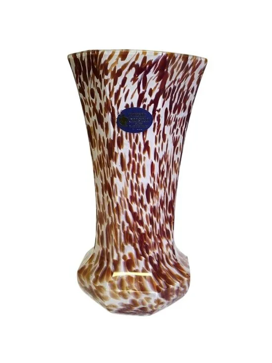 Vintage White Cristal Co Hand Blown Vase Italy Brown Spotted Glass Art Decor 10