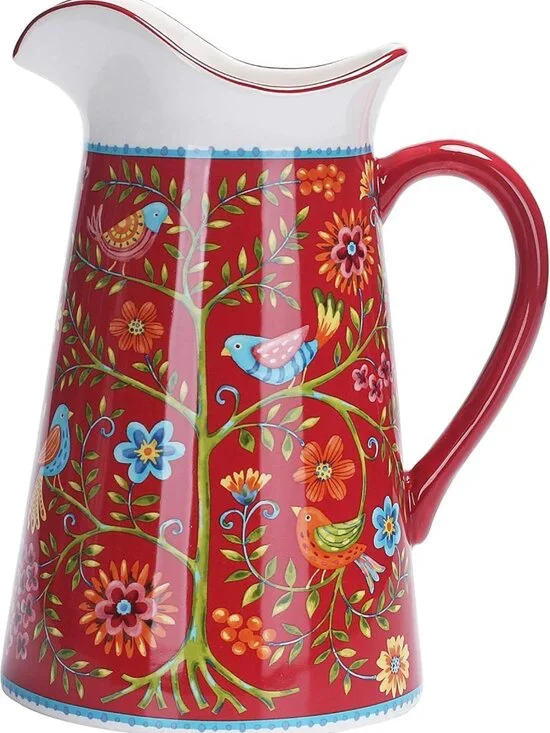 Red Ceramic 2.5 Quart Pitcher with Handle - Decorative Vase for Flowers