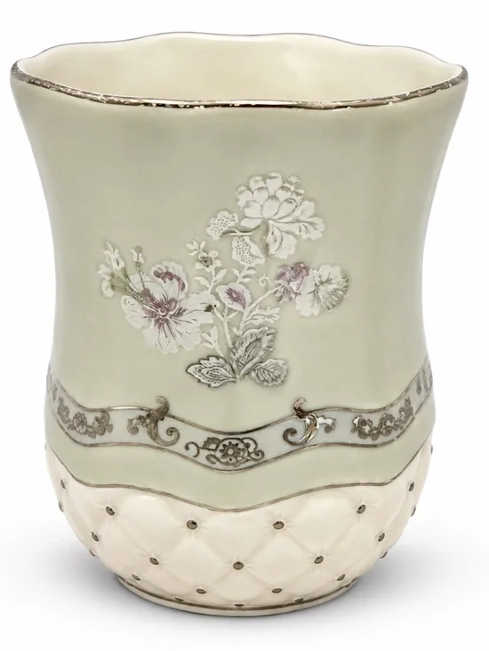 Cream Ceramic Tufted Quilted Vase Cottage Farmhouse Floral Decor