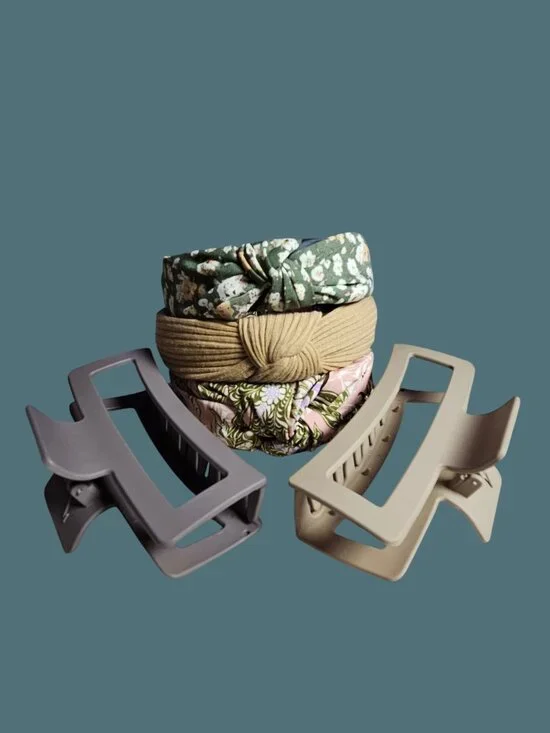 Hair Accessory Lot- 3 Fabric Knot Headbands & 2 Hair Claw Clips