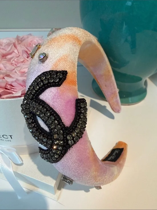Pink and Orange Velvet Headband with Black Crystal Accent
