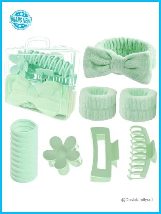 16-Piece Skincare Headband Set with Wristbands, Claw Clips & Hair Ties
