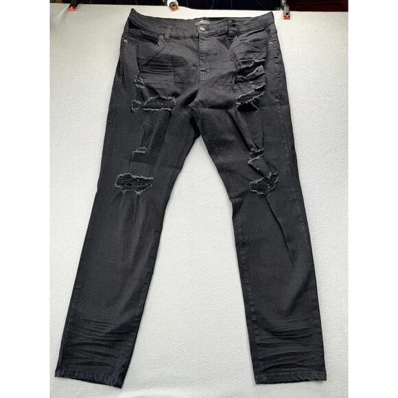 Fashion Nova Men Black Skinny Distressed Jeans 38x31 Stretch Ripped Denim