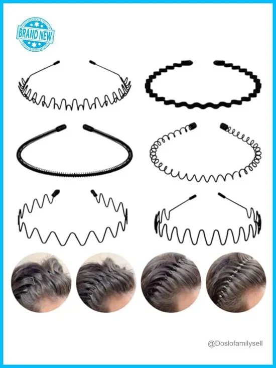 6 Pack Metal Hair Bands Spring Wavy Hoop Unisex Black Non Slip Sports Headband