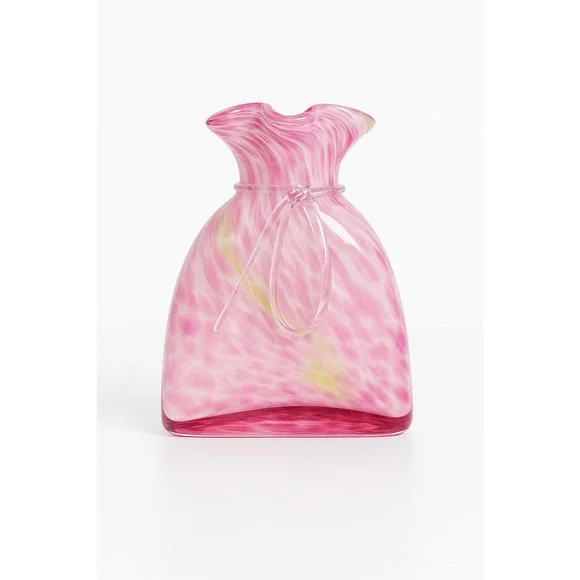 Hand-Blown Murano-Style Glass Dress Vase Pink White Swirl Clear Ribbon‎ Art