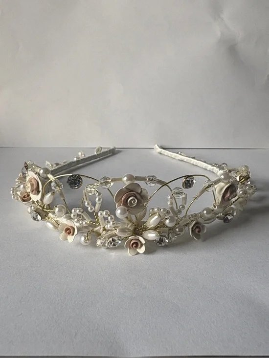 David’s Bridal Pearl & Rose Gold Floral Headband Tiara