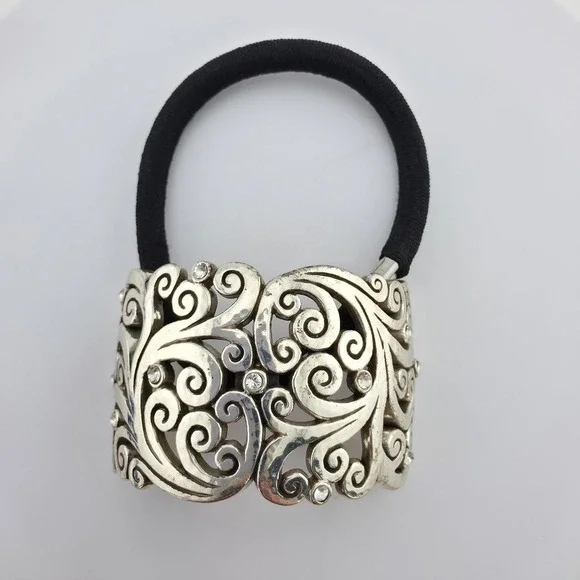 BRIGHTON 'Madrid Lace' Ponytail Holder Hair Tie Crystal Scrollwork Silver Plate