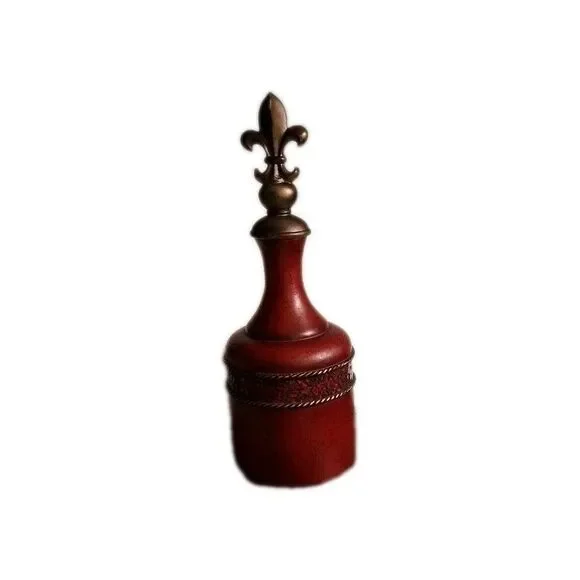 Vintage Red Resin Decorative Bottle Fleur De Lis‎ Stopper Bronze Trim 14 Inch