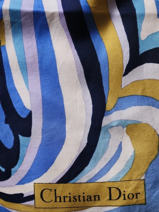 Christian Dior Silk Scarf - Blue, Navy, Yellow, Cream Swirl