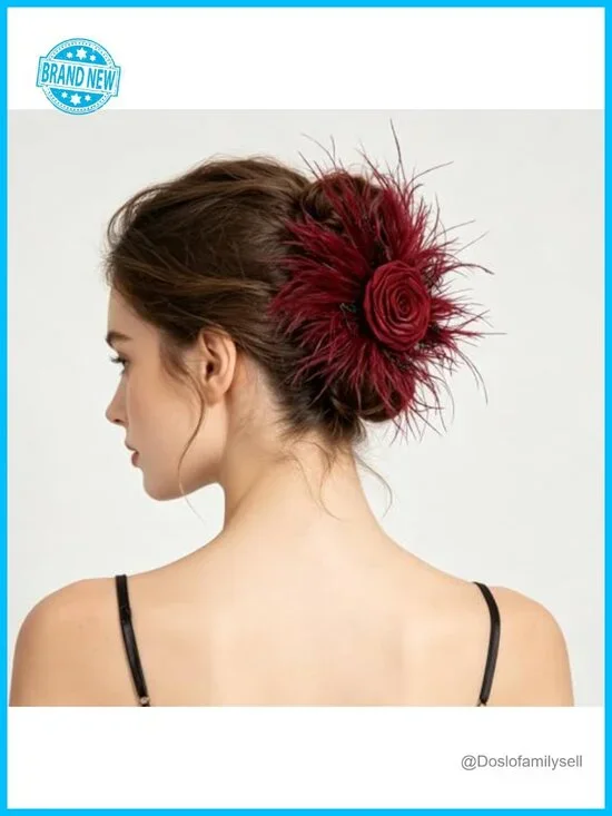 Feather Rose Hair Clip Brooch Pin Elegant Updo Accessory 7.08 Inch