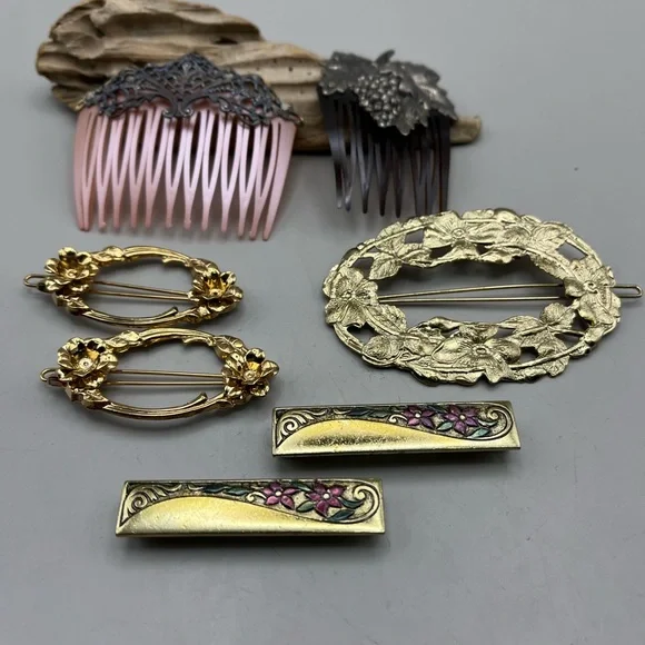 Elegant Vintage Hair Accessories Set in Gold and Pink -Cottagecore