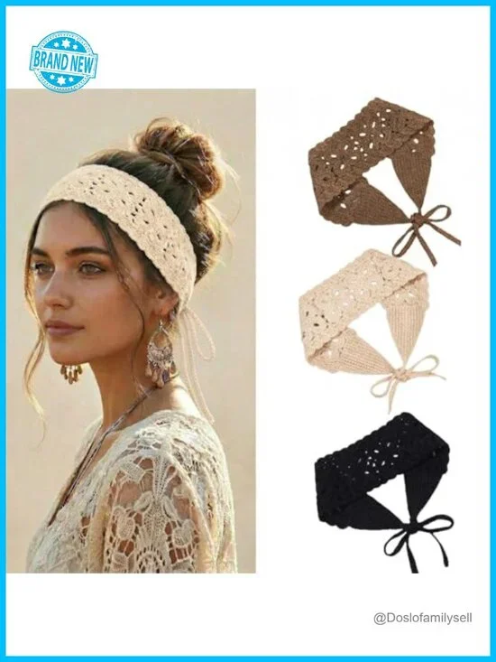 3 Pack Boho Knit Headband Head Scarf for Women Tie Back Bandana