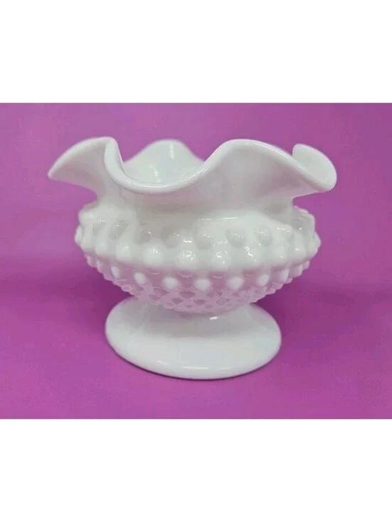 Vintage Fenton OVG Hobnail Milk Glass Vase/Rose Bowl Footed Ruffled Edge