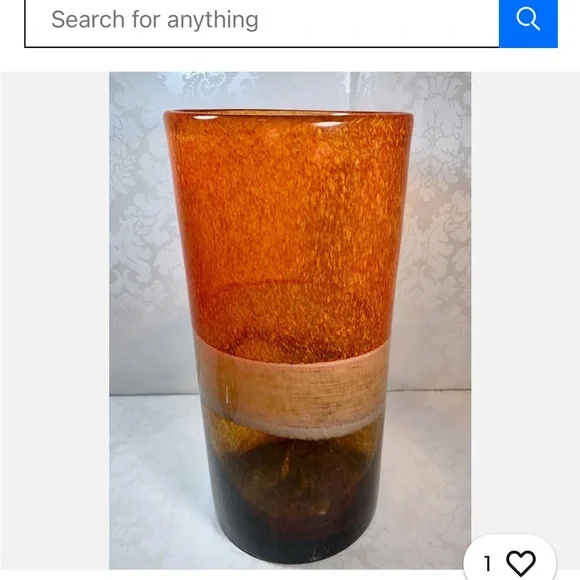 Hand Blown Glass Hurricane Vase W/ Bands Of Mottled Orange White & Tortoiseshell
