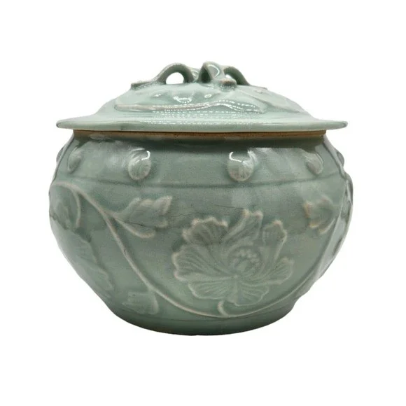 Vintage Handmade Celadon Tureen Covered Serving Bowl Dimensional