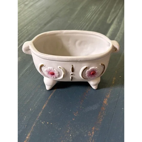 Vintage Ceramic Miniature Clawfoot Bathtub Planter Pink Floral Gold Trim 4.5in