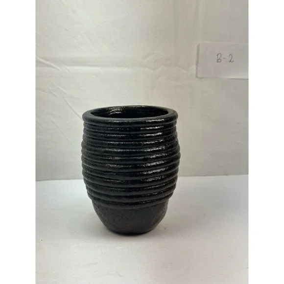 Rustic Hand-Thrown Ribbed Pottery Vase Dark Glaze Stoneware Decor B-2