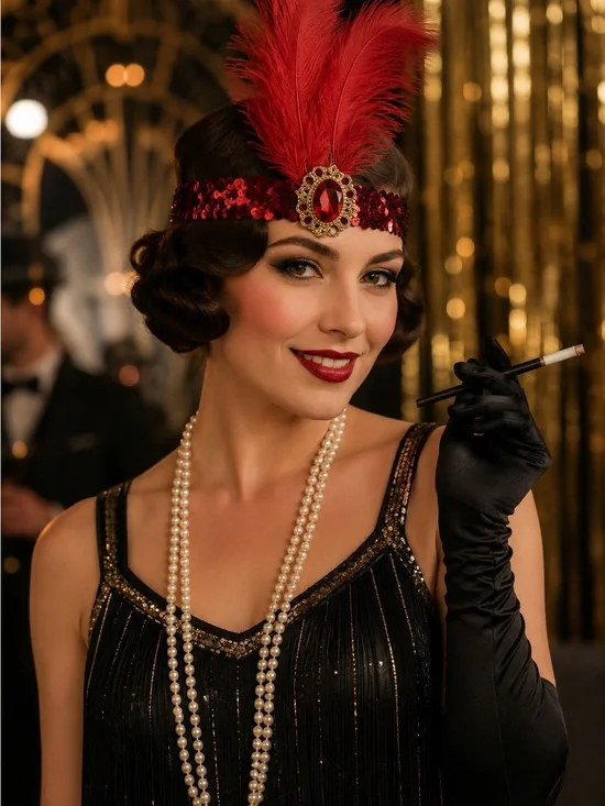 1920s Flapper Feather Headband Red Sequin Showgirl Carnival Costume Women Girls