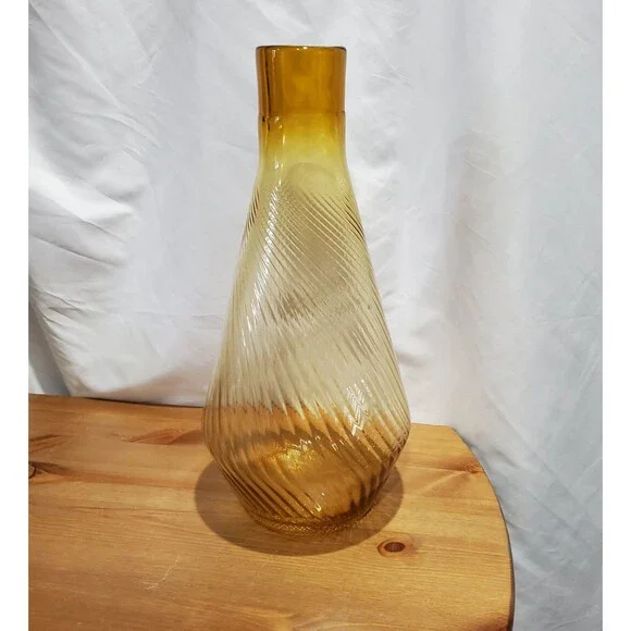 Vintage MCM Amber Blown Glass Swirl Large Vase Decor, 16