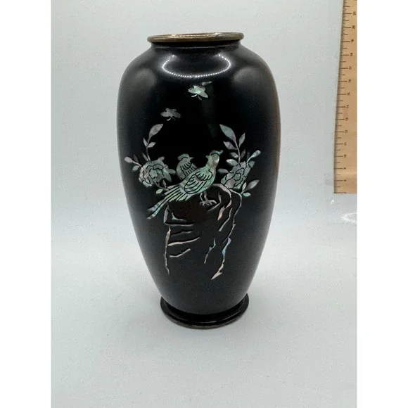 Black Metal Enamel Table Vase Bird Floral Inlay Round Asian Decor Small Accent