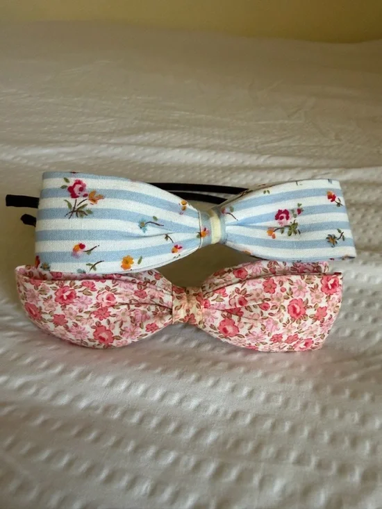 Floral Bow Headband Set - Pink & Light Blue