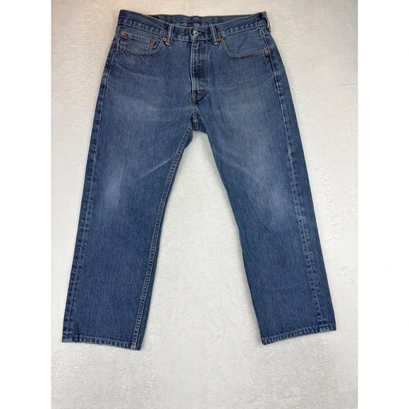 Levis 505 Mens 33x30 Jeans Medium Grungy Blue Washed Denim Nice High Low Fade