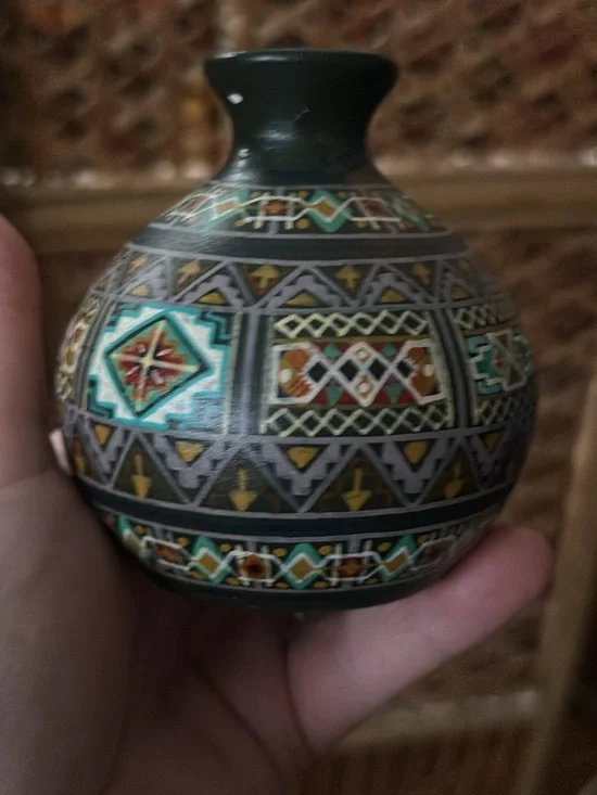 Hand-Painted Geometric Mini Vase in Dark Green and Teal