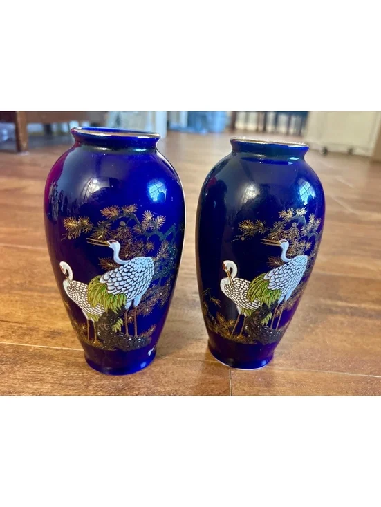 Pair of Vintage Blue Ceramic Vases with Crane Bird Design from Japan