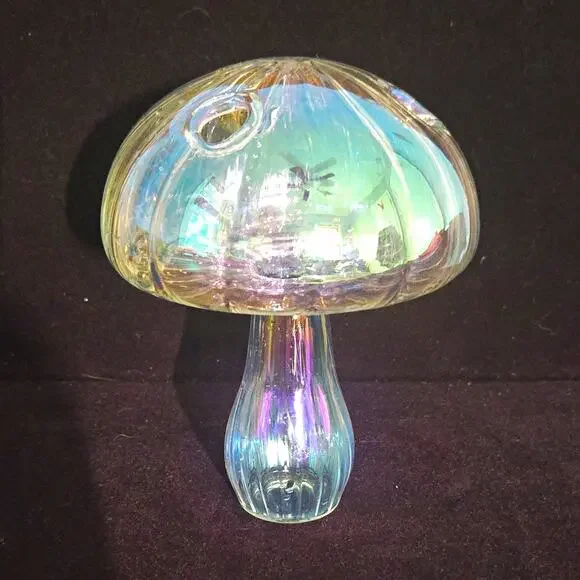 Iridescent Glass Mushroom Vase 3 Hole Plant Propagation Station Floral Frog 6 In
