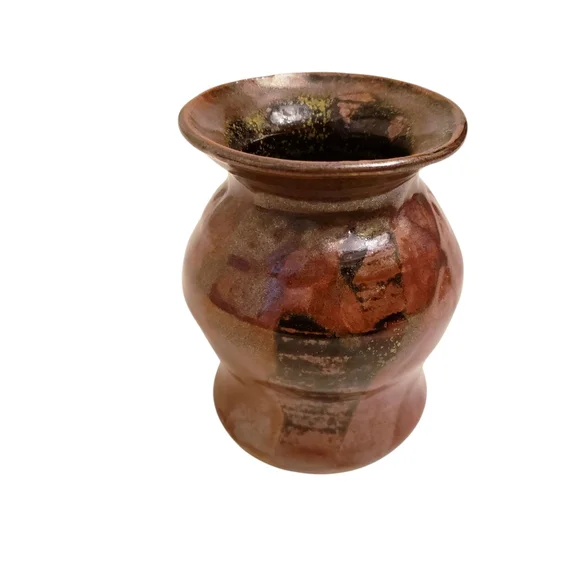 Brown Glazed Hand-thrown Signed Pottery Classic Silhouette Vase
