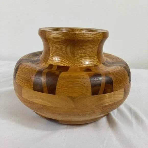 Vintage Mid Century Handcrafted Segmented Turned Wood Vase 6 x 9