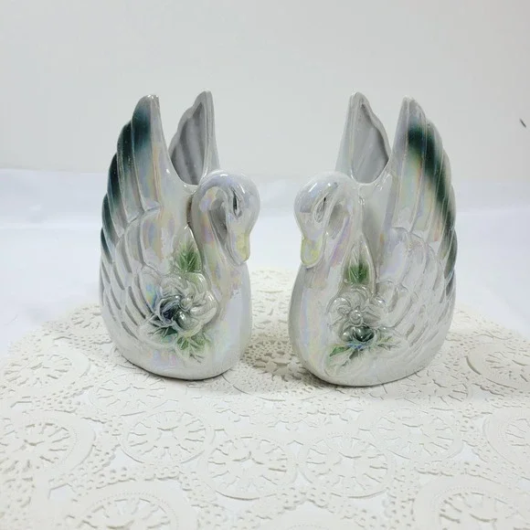 Vintage Lusterware Swan Iridescent Ceramic Figurine Pair Wedding Cake Topper