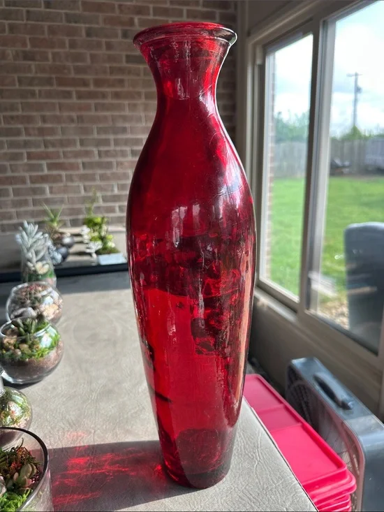 Glossy Red Glass Floor Vase - Elegant Home Accent