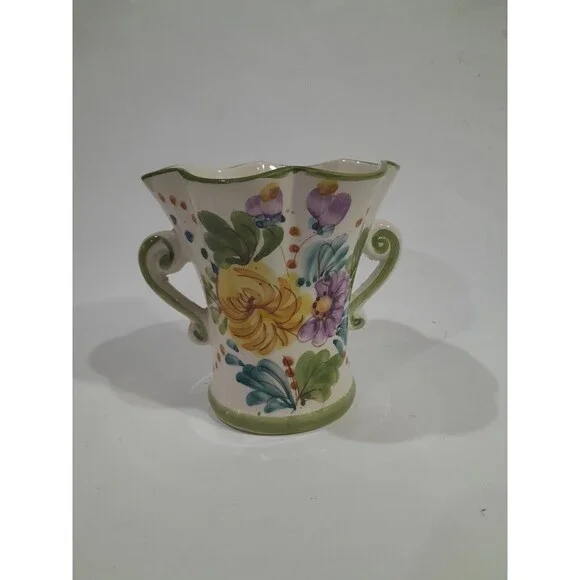 FTD Handpainted Porcelain Vase 6 “tall  Portugal  2 Handles Green Trim Flowers