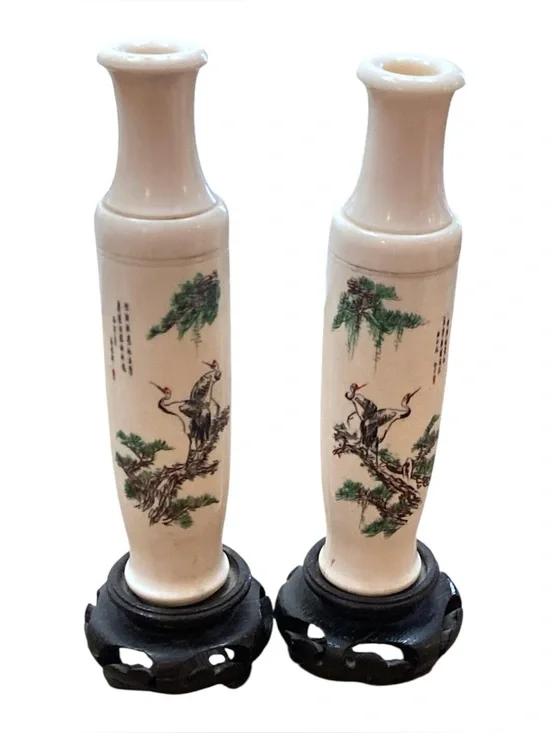 Vintage Chinese Porcelain Crane Pine Calligraphy Bud Vases Pair Wood Stands