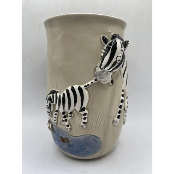 Vintage Quon Quon Japan Pottery Zebra Crocodile Vessel Hand Painted Ceramic Vase