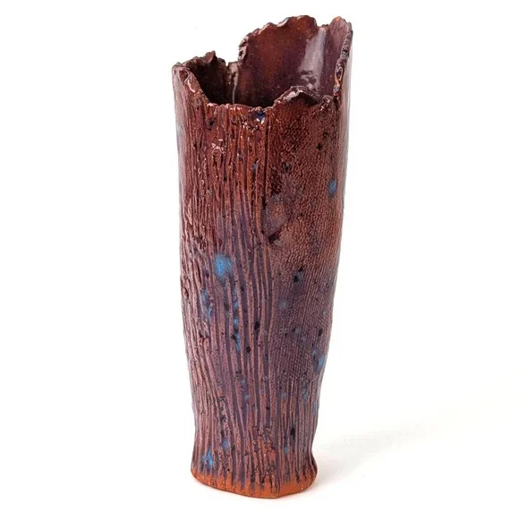 Studio Art Pottery Vase Brown Bark Texture Cobalt Blue Glaze Organic Modern 6in