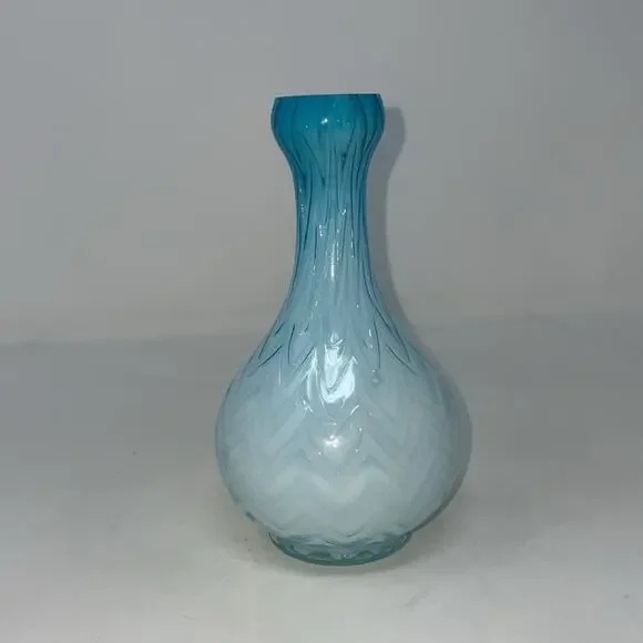 Antique Victorian cased air trap diamond quilted satin blue/white glass vase