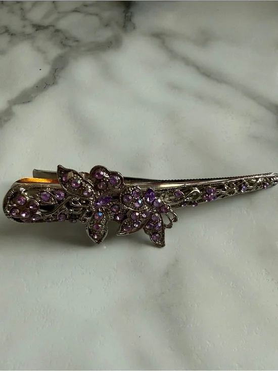 Decorative Silver-Tone Hair Clip with Purple Crystal Flowers