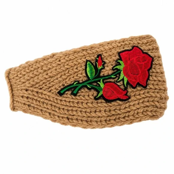 Tan Knit Rose Embroidered Ear Warmer Headband Floral Winter Headwrap WT-510R NEW
