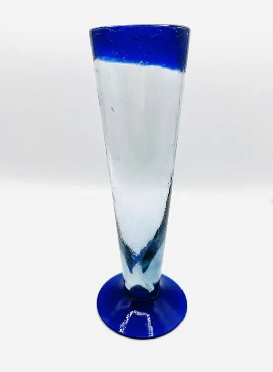 Vintage Mexican Hand Blown footed Glass Vase Cobalt Blue Rim & Base 9''