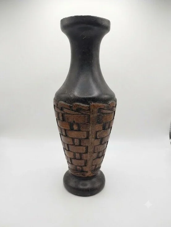 Tall Black and Brown Woven-Pattern Vase