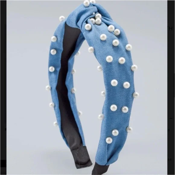 White House Black Market WHBM Denim & Pearl Knot Headband
