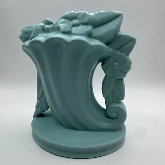 Vtg Haeger Vase Turquoise Aqua Art‎ Pottery Matte Pansy Flower Cornucopia READ