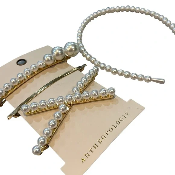 Anthropologie Faux Pearl Headband & Hair Clip Set White Gold NWT